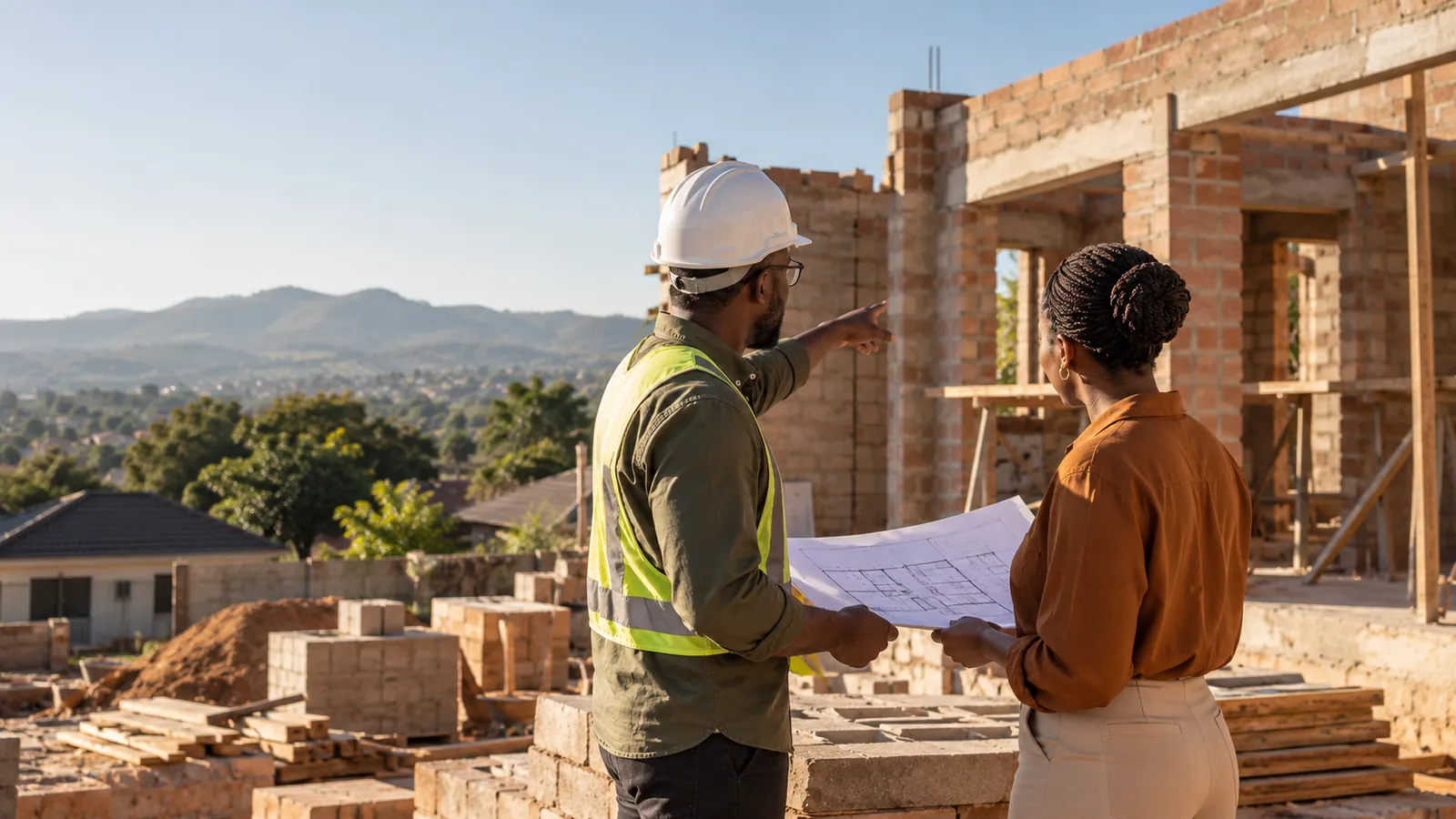 Illustrative scene of a building project being inspected alongside architectural plans