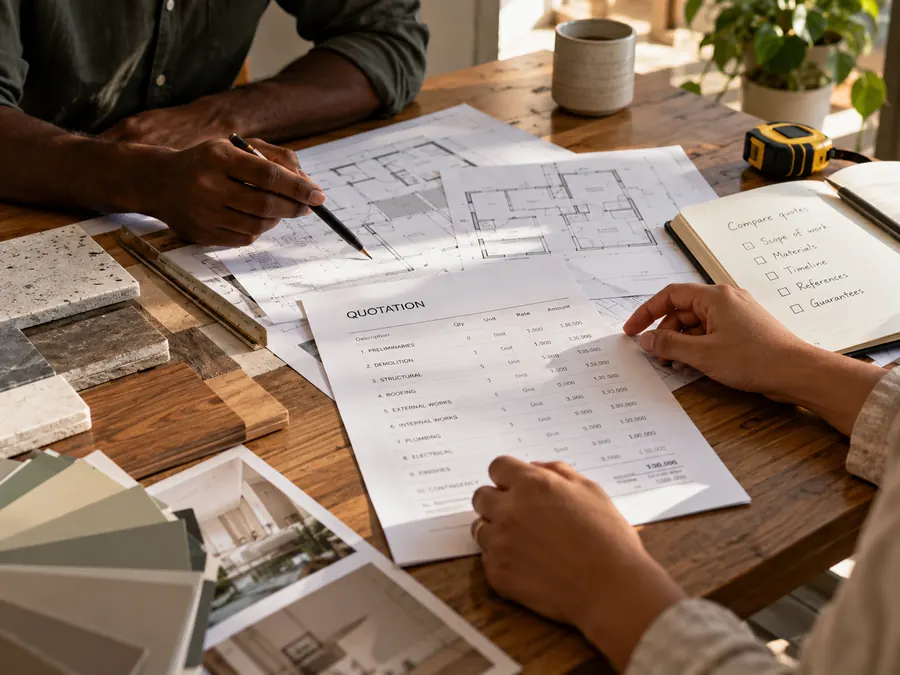 Illustrative scene of plans, materials and a quotation being reviewed
